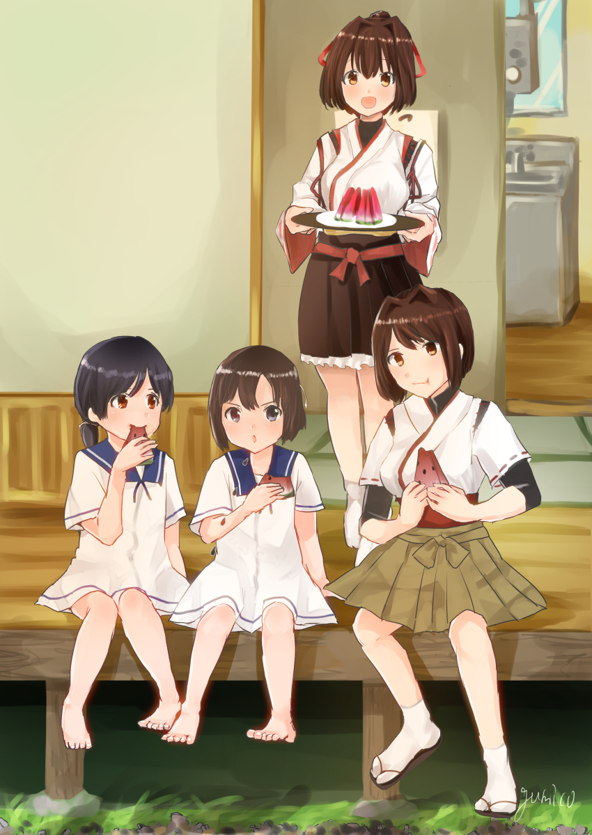 4girls, absurdres, barefoot, black_hair, blue_sailor_collar, brown_eyes, brown_hair, brown_hakama