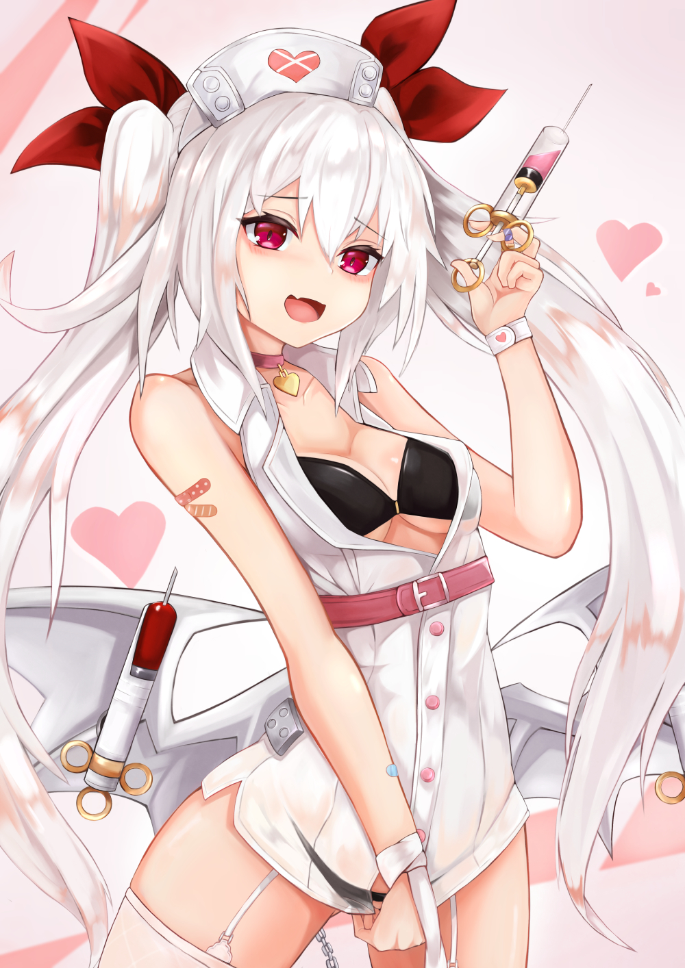 1girl, :d, alternate_costume, azur_lane, bandaid, bare_shoulders, bat_wings, belt