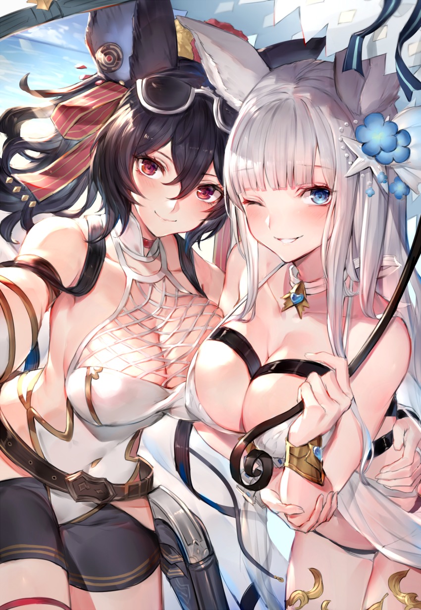 2girls, animal_ears, bare_shoulders, beach, bikini, black_hair, blue_eyes, blunt_bangs