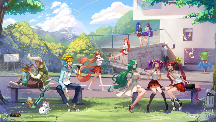 4boys, 6+girls, ahri_(league_of_legends), animal_ears, bandaid, bandaid_on_knee, bandaid_on_leg, bare_legs