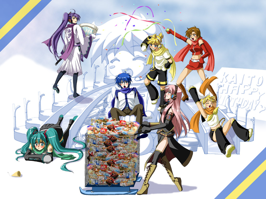 3boys, 4girls, aida_ayako, aqua_scarf, bad_id, bad_pixiv_id, banana, birthday, blue_scarf, blush, boots, detached_sleeves, everyone, family, food, fruit, hatsune_miku, headset, ice_cream, kagamine_len, kagamine_rin, kaito_(vocaloid), kamui_gakupo, knee_boots, megurine_luka, meiko_(vocaloid), midriff, mittens, multiple_boys, multiple_girls, orange_scarf, purple_scarf, red_scarf, scarf, sculpture, skirt, slide, spring_onion, thighhighs, twintails, vocaloid, yellow_scarf