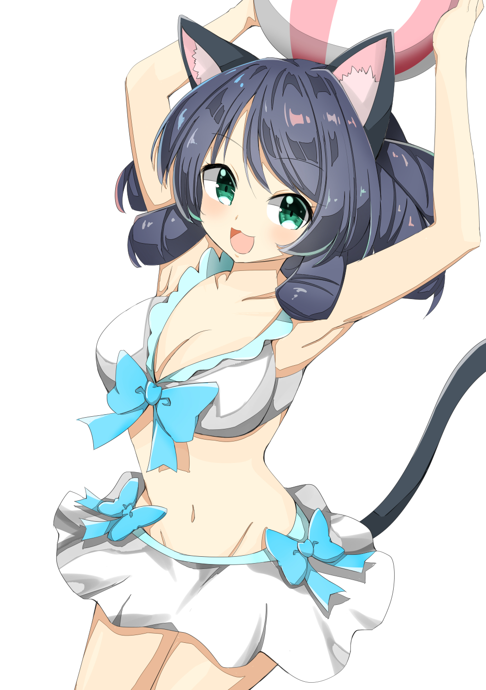 1girl, animal_ear_fluff, animal_ears, armpits, arms_up, ball, beachball, bikini, bikini_skirt, blue_hair, blue_ribbon, breasts, cat_ears, cat_tail, cleavage, cyan_(show_by_rock!!), dark_blue_hair, female_focus, green_eyes, grey_hair, highres, looking_at_viewer, luluhavinera, medium_breasts, open_mouth, ribbon, show_by_rock!!, smile, solo, swimsuit, swimsuit_skirt, tail, white_bikini