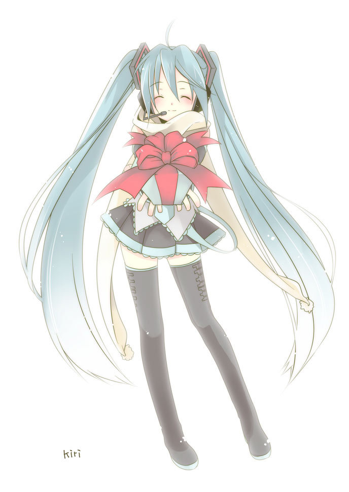 1girl, ahoge, aqua_hair, closed_eyes, female_focus, gift, hatsune_miku, headset
