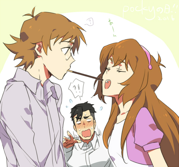 !?, 1girl, 2boys, ?, aged_down, black_hair, blank_eyes, blush