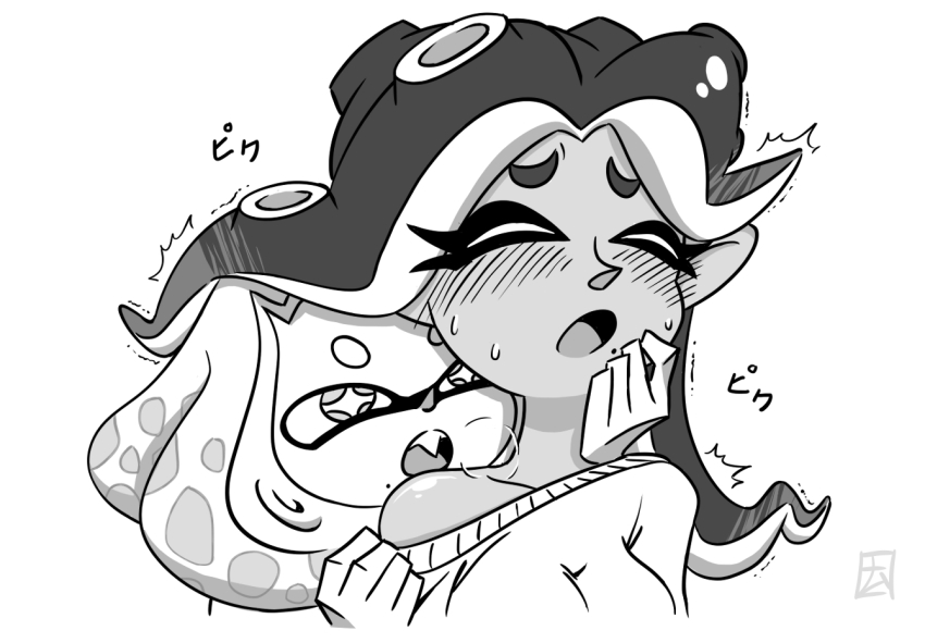 2girls, biting_shoulder, blush, closed_eyes, commentary, dark-skinned_female, dark_skin, english_commentary, fang, grey_background, greyscale, imminent_bite, inkling, looking_at_another, marina_(splatoon), mole, mole_under_mouth, monochrome, multiple_girls, namuro, nintendo, octoling, off_shoulder, open_mouth, pearl_(splatoon), splatoon_(series), splatoon_2, tentacle_hair, trembling, upper_body, white_background, yuri