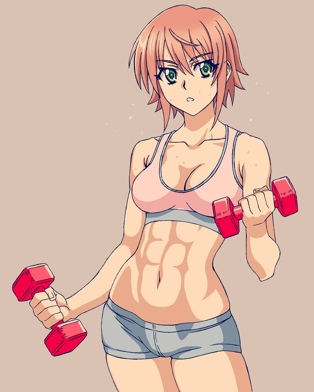 1girl, abs, ahoge, anett_hosenfeld, bare_shoulders, breasts, cleavage, exercising
