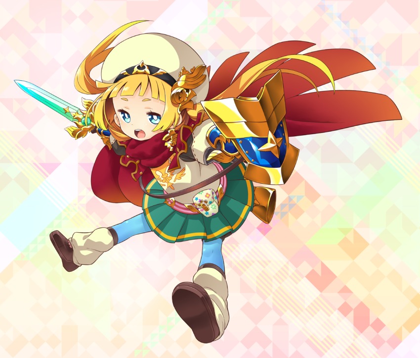 1girl, belt, belt_pouch, blonde_hair, blue_eyes, cape, etrian_odyssey, female_focus