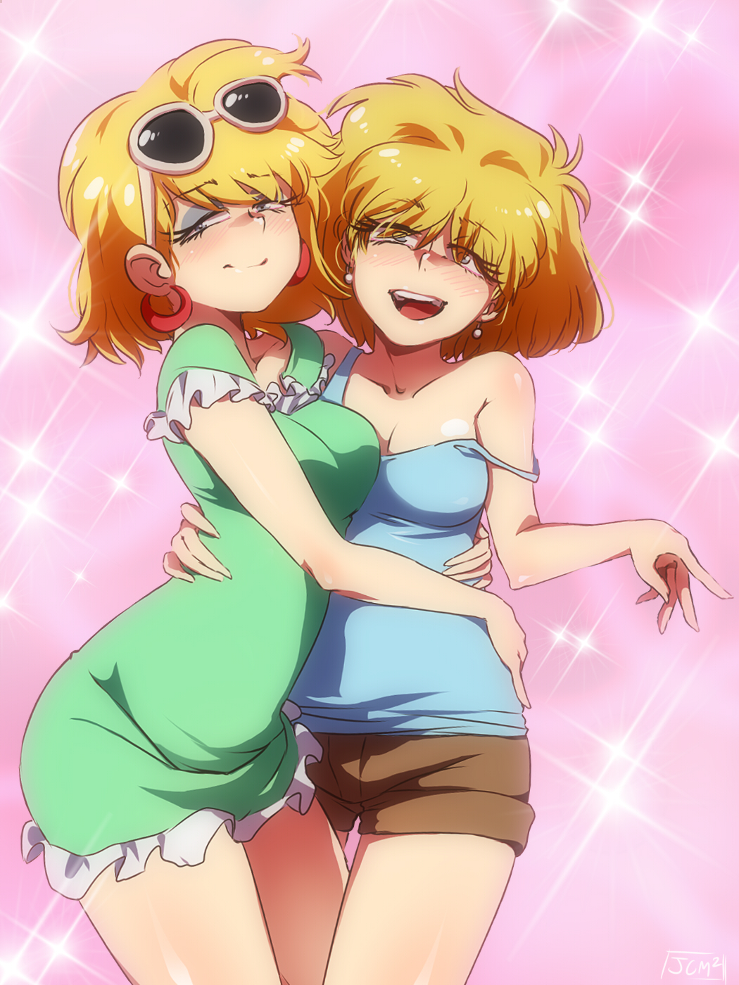 2girls, alternate_hairstyle, arm_around_another's_waist, artist_name, bad_deviantart_id, bad_id, blonde_hair, blue_eyes, blush, breasts, brown_shorts, camisole, cargo_shorts, cleavage, cosplay, costume_switch, diffraction_spikes, dress, earrings, eyelashes, eyeshadow, eyewear_on_head, facing_viewer, frill_trim, green_dress, half-closed_eyes, highres, hoop_earrings, jcm2, jewelry, leni_loud, leni_loud_(cosplay), looking_at_viewer, lori_loud, lori_loud_(cosplay), makeup, medium_breasts, medium_hair, multiple_girls, open_mouth, pink_background, short_dress, short_shorts, short_sleeves, shorts, siblings, signature, sisters, smile, sparkle, strap_slip, sunglasses, sunglasses_on_head, tank_top, the_loud_house