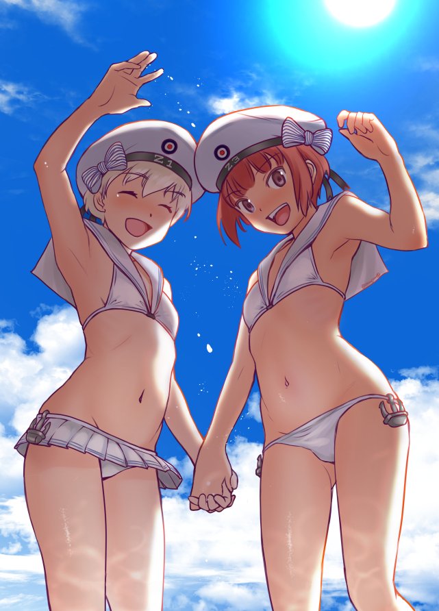 2girls, bad_id, bad_twitter_id, bikini, bikini_skirt, blue_sky, brown_eyes, brown_hair