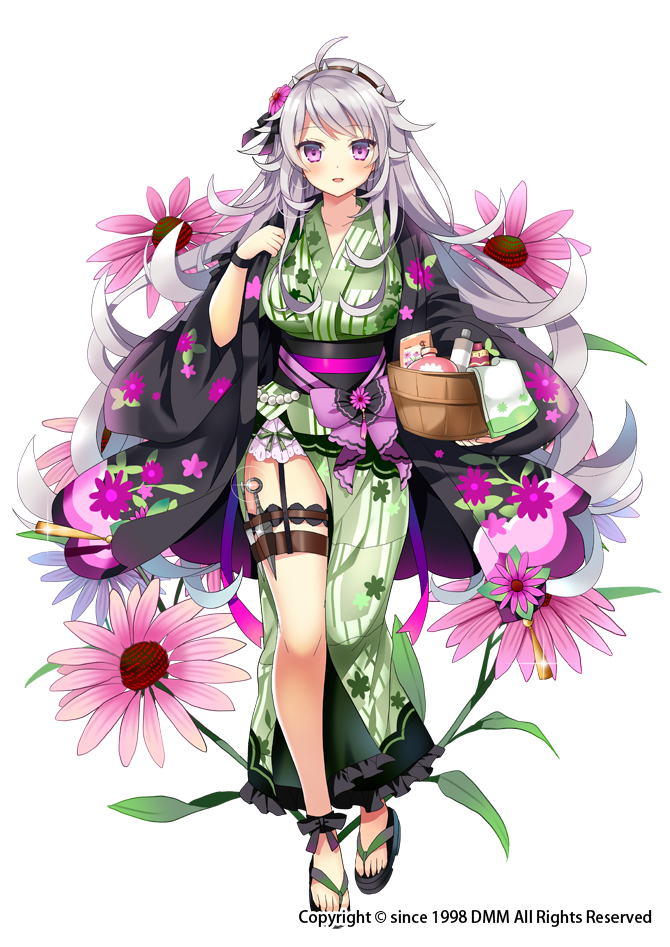 1girl, basket, bow, echinacea_(flower_knight_girl), female_focus, floral_print, flower, flower_knight_girl