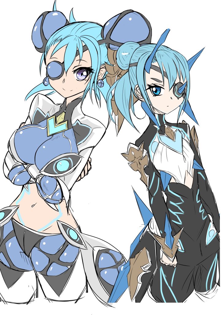 2girls, armor, bad_id, bad_twitter_id, blue_eyes, blue_hair, blush, breasts, dark-skinned_female, dark_skin, eyepatch, large_breasts, long_hair, looking_at_viewer, multiple_girls, nintendo, pauldrons, polearm, praxis_(xenoblade), short_hair, shoulder_armor, simple_background, smile, theory_(xenoblade), weapon, white_background, xenoblade_chronicles_(series), xenoblade_chronicles_2, yukara-msma