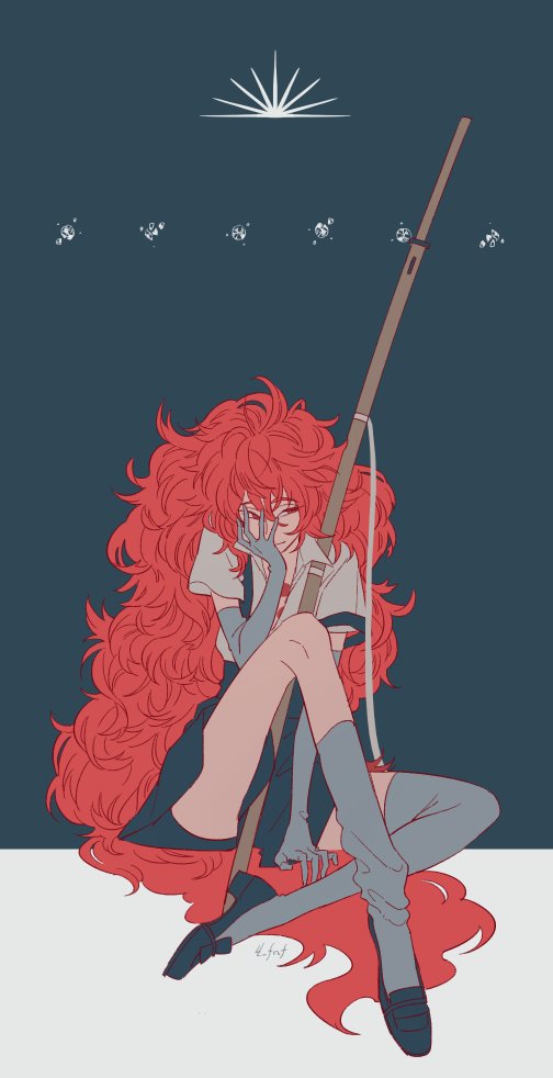 1other, 4_fnf, androgynous, black_shorts, closed_mouth, elbow_gloves, full_body, gem_uniform_(houseki_no_kuni), gloves, hair_between_eyes, holding, houseki_no_kuni, long_hair, looking_at_viewer, necktie, open_clothes, open_shirt, padparadscha_(houseki_no_kuni), red_eyes, red_hair, shirt, shoes, shorts, solo, suspenders, thighhighs, very_long_hair, wavy_hair, weapon, white_shirt, white_thighhighs