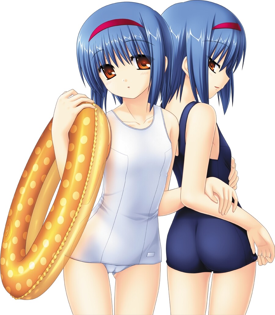 2girls, blue_hair, cameltoe, dual_persona, hairband, innertube, little_busters!, multiple_girls