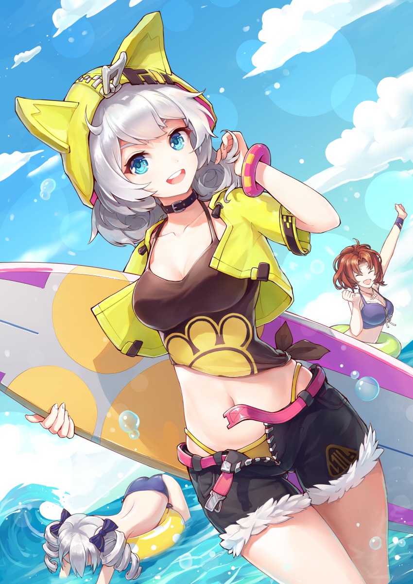 3girls, absurdres, animal_hood, ass, bangle, belt, bikini, bikini_bottom_only