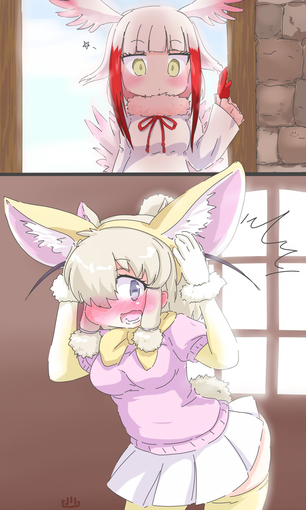 10s, 2girls, 2koma, ^^^, alpaca_ears, alpaca_suri_(kemono_friends), alpaca_tail, animal_ear_fluff