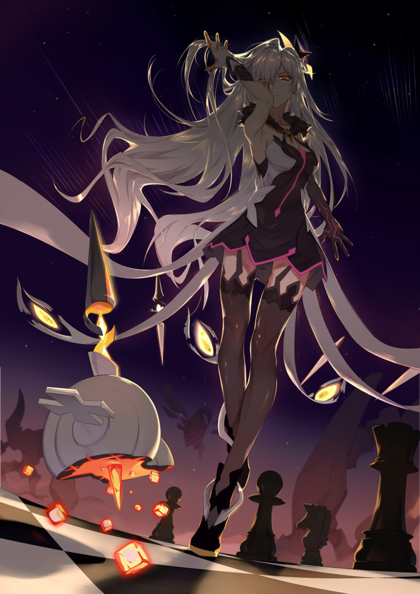 1girl, bare_shoulders, black_dress, black_footwear, board_game, chess, chess_piece, chessboard