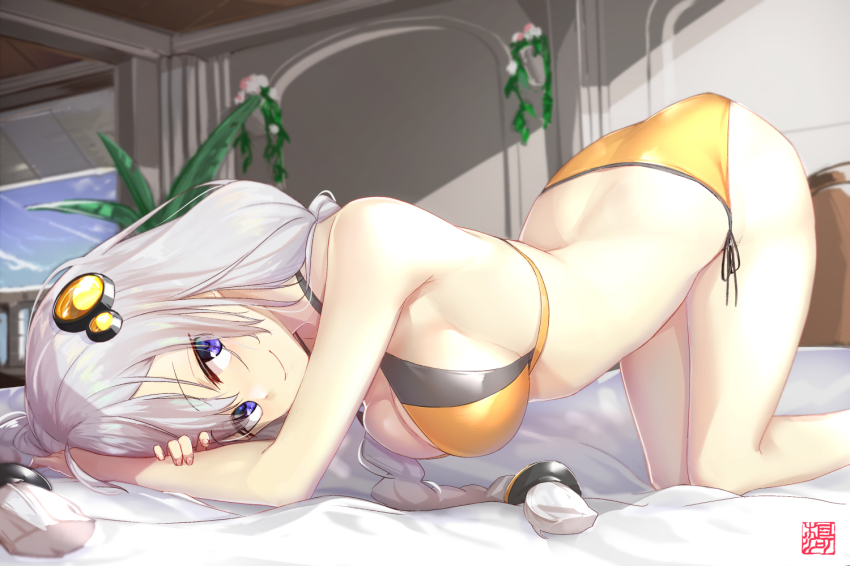 1girl, all_fours, arched_back, bed, bikini, blue_eyes, braid, breasts