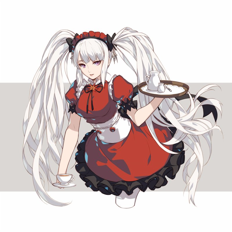 1girl, black_ribbon, breasts, commentary_request, copyright_request, cropped_legs, cup, dress