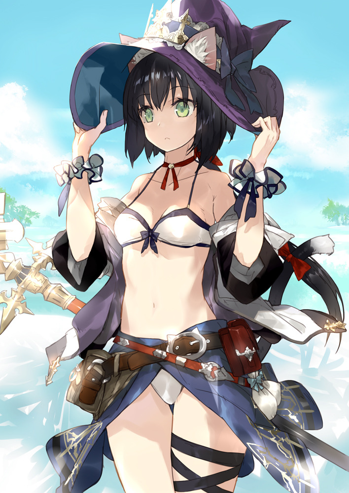 1girl, animal_ear_fluff, animal_ears, belt, belt_buckle, belt_pouch, bikini, bikini_under_clothes