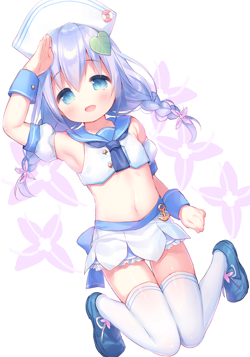 1girl, :d, anchor, arm_up, armpits, bare_shoulders, blue_bow, blue_eyes, blue_neckwear, blue_sailor_collar, blue_shoes, blush, bow, braid, commentary_request, crop_top, detached_sleeves, dutch_angle, female_focus, flower, flower_knight_girl, full_body, hair_between_eyes, hair_flower, hair_ornament, hat, highres, ikarisou_(flower_knight_girl), leaf_hair_ornament, lifebuoy, long_hair, low_twintails, midriff, navel, open_mouth, pleated_skirt, puffy_short_sleeves, puffy_sleeves, purple_flower, purple_hair, sailor_collar, salute, school_uniform, serafuku, shirt, shoes, short_sleeves, skirt, sleeveless, sleeveless_shirt, smile, solo, swim_ring, thighhighs, twin_braids, twintails, usashiro_mani, white_background, white_hat, white_shirt, white_skirt, white_thighhighs, wrist_cuffs