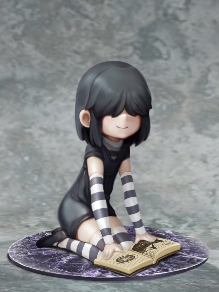 1girl, arm_warmers, black_dress, black_hair, book, dress, faux_figurine, female_focus