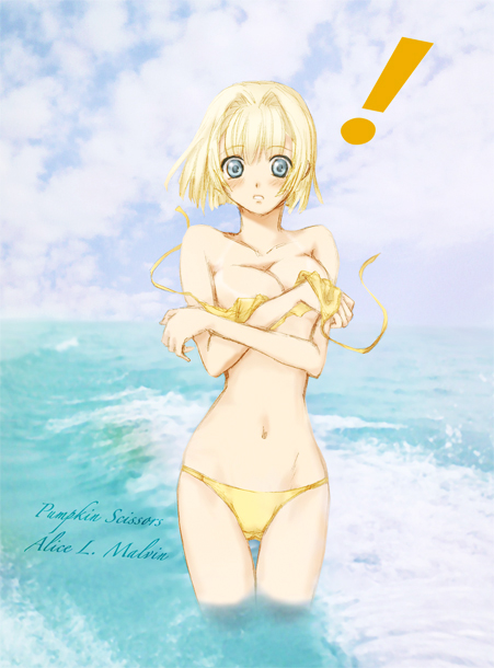 !, 00s, 1girl, alice_l._malvin, bare_shoulders, bikini, blonde_hair, blue_eyes