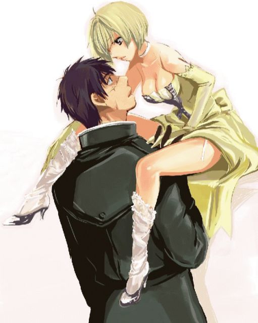 00s, 1boy, 1girl, alice_l._malvin, bare_shoulders, blonde_hair, blue_eyes, blush