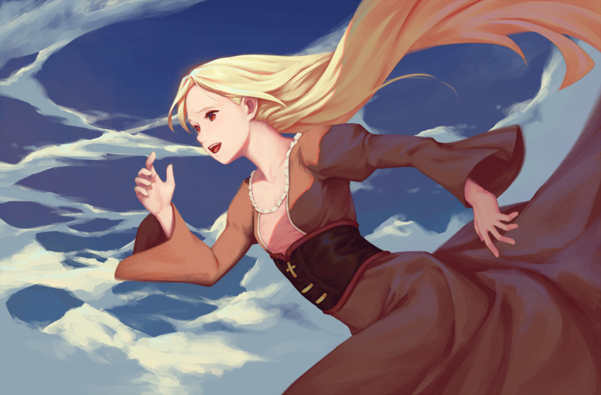 10s, 1girl, :d, bigrbear, blonde_hair, blue_sky, brown_dress, cloud