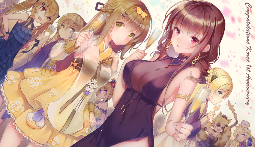 >_<, 6+girls, :d, :o, ahoge, alcohol, alternate_costume, alternate_hairstyle