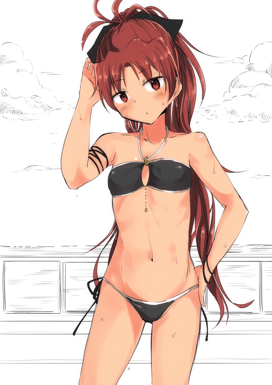 1girl, bare_shoulders, bikini, black_bikini, blush, cloud, collarbone, cowboy_shot