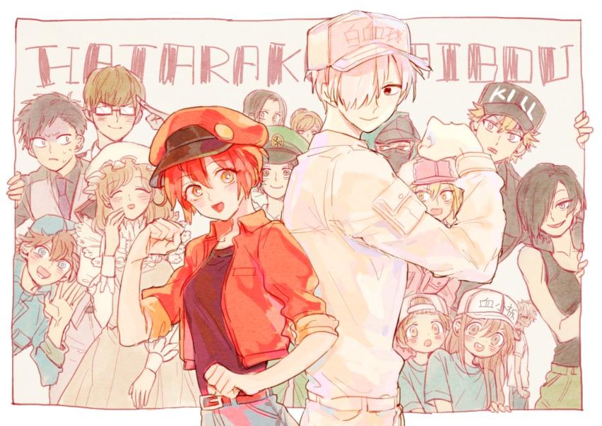 10s, 6+boys, 6+girls, ae-3803, ahoge, apron, b_cell_(hataraku_saibou), back-to-back