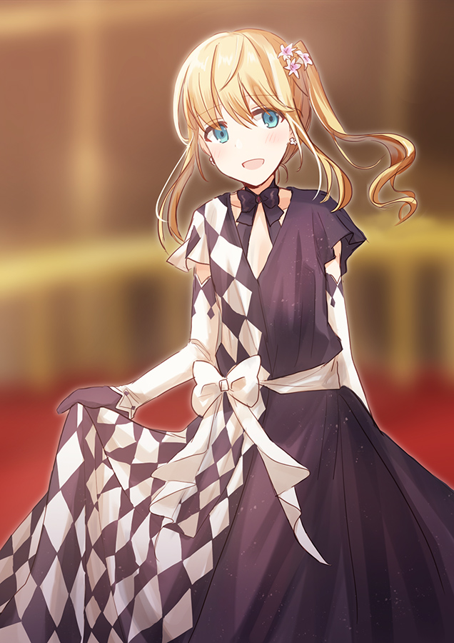 1girl, :d, asymmetrical_clothes, bad_id, bad_pixiv_id, blonde_hair, blurry, blurry_background