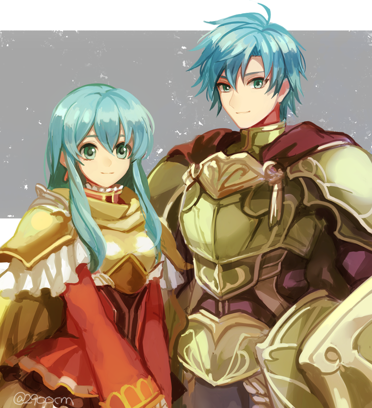 1boy, 1girl, alternate_costume, aqua_eyes, armor, axe, battle_axe, boots, brother_and_sister, brown_footwear, cosplay, couple, eirika_(anamnesis_lady)_(fire_emblem), eirika_(fire_emblem), ephraim_(fire_emblem), ephraim_(sacred_twin_lord)_(fire_emblem), fado_(fire_emblem), fado_(fire_emblem)_(cosplay), fire_emblem, fire_emblem:_the_sacred_stones, fire_emblem_heroes, full_armor, green_armor, green_hair, hetero, incest, intelligent_systems, long_hair, looking_at_viewer, nana_(nanalog76), nintendo, pauldrons, short_hair, shoulder_armor, siblings, simple_background, smile, twins, weapon