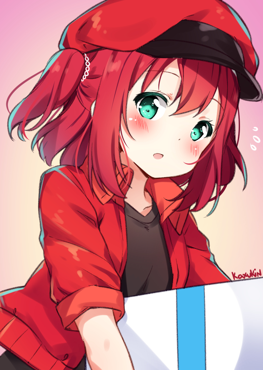 10s, 1girl, artist_name, black_shirt, blush, box, newsboy_cap, cosplay