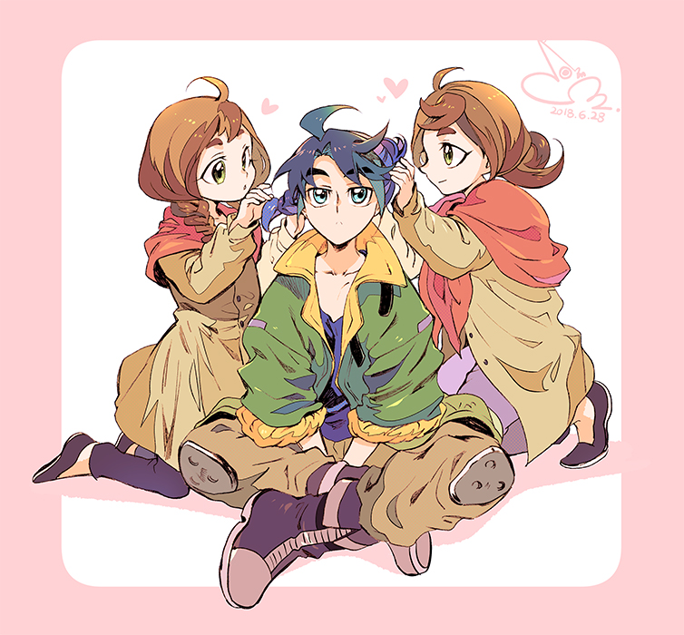 1boy, 2girls, bae_(baebae), cookie_griffon, cracker_griffon, gundam, gundam_tekketsu_no_orphans, mikazuki_augus