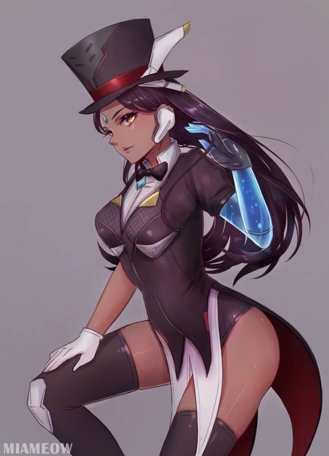 1girl, artist_name, black_hair, black_leotard, black_thighhighs, bow, bowtie, coattails