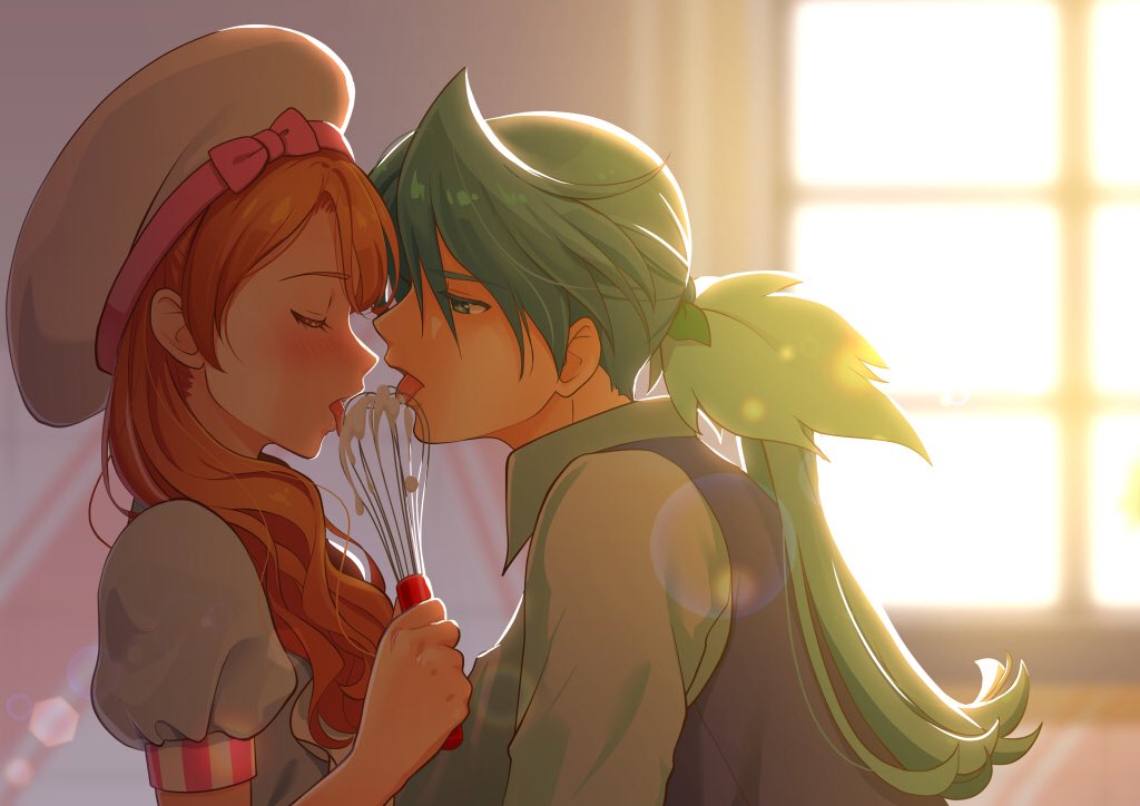 10s, 1boy, 1girl, bow, brown_hair, camembert_chizuko, chef_hat, closed_eyes