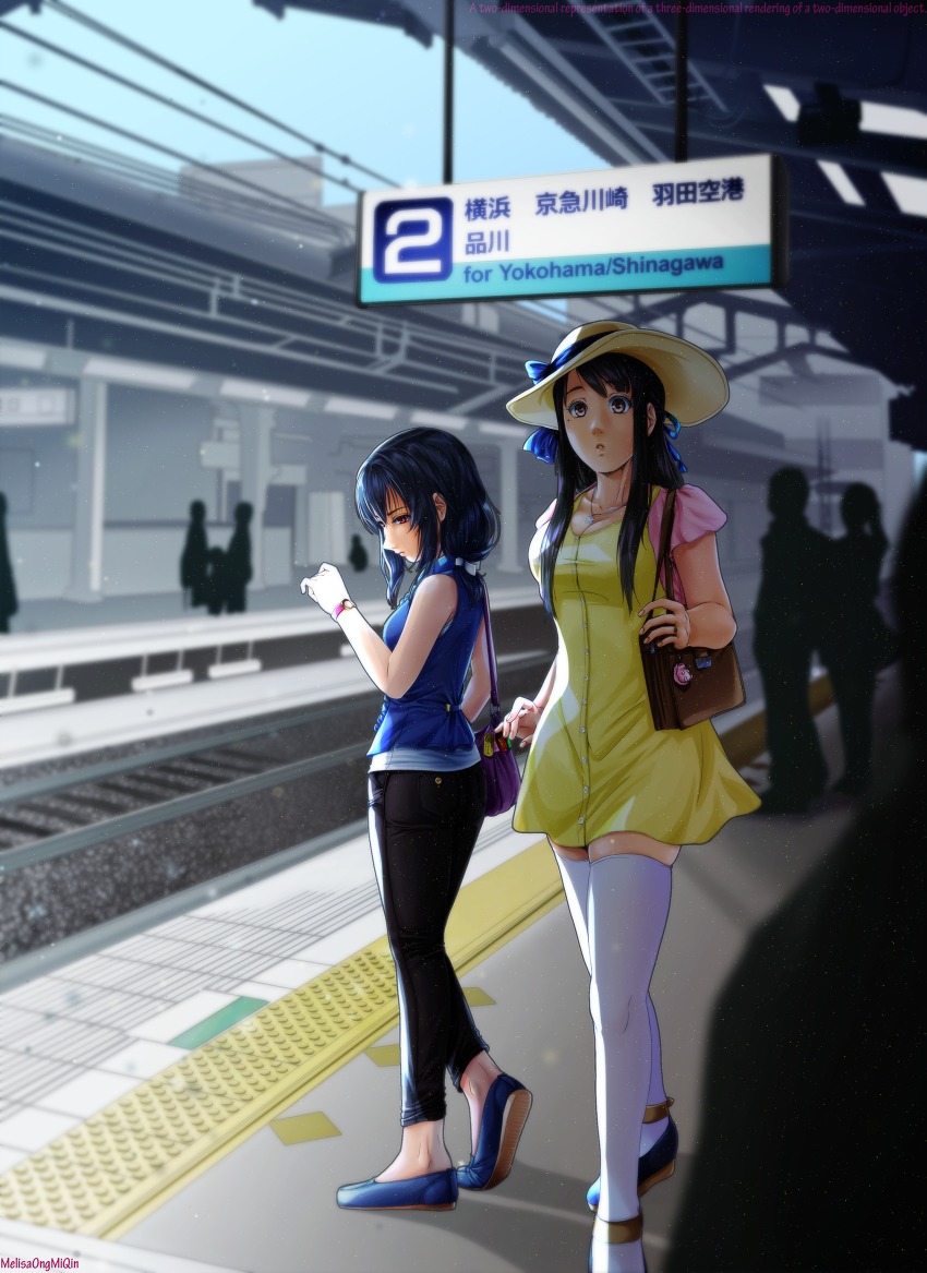 2girls, alternate_costume, artist_name, bag, black_hair, black_pants, blue_ribbon, blurry, braid, breasts, casual, cleavage, commission, depth_of_field, dress, engagement_ring, half_up_braid, handbag, hat, hedgehog, height_difference, highres, iowa_(pacific), jewelry, kantai_collection, kimi_no_na_wa., long_hair, melisaongmiqin, miyamizu_mitsuha, mole, mole_under_eye, multiple_girls, necklace, no_hair_ornament, ornate_ring, pacific_(kancolle), pants, photo-referenced, pointy_nose, railroad_tracks, real_world_location, red_eyes, ribbon, ring, shoes, short_hair, sleeveless, star_(symbol), star_necklace, sun_hat, train_station_platform, watch, white_legwear, yamashiro_(kancolle), yellow_dress, yokosuka, yokosuka-chuo_station