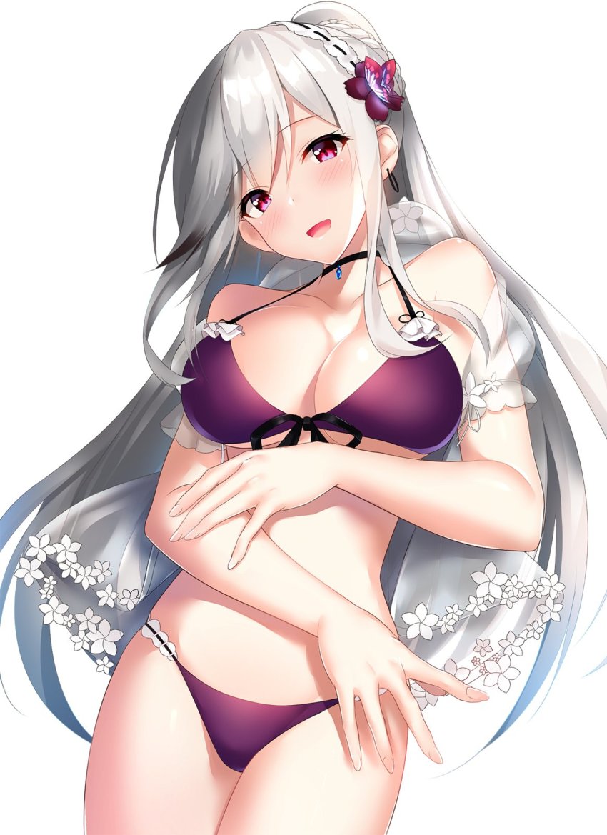 1girl, :d, azur_lane, bare_shoulders, bikini, black_choker, blue_gem, blush