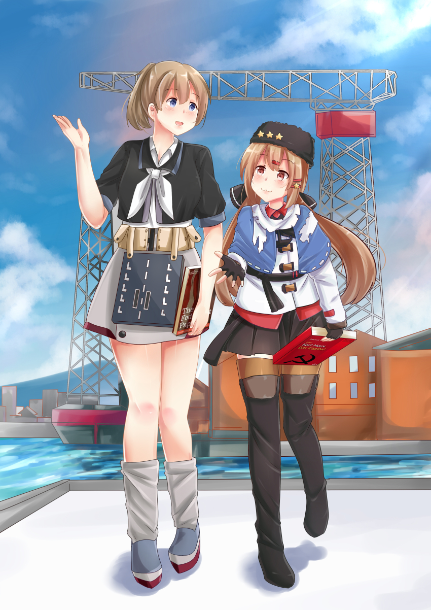 2girls, :3, absurdres, anchor_necklace, apron, black_bow, black_footwear, black_hat, black_shirt, black_skirt, blue_eyes, blue_shawl, book, boots, bow, brown_hair, brown_legwear, building, crane_(machine), farmuhan, full_body, fur_hat, hair_bow, hair_ornament, hairclip, hat, highres, intrepid_(kancolle), jacket, jewelry, kantai_collection, long_hair, loose_socks, low_twintails, miniskirt, multiple_girls, necklace, open_mouth, pantyhose, papakha, ponytail, red_eyes, red_shirt, ribbon_trim, scarf, shawl, shirt, short_hair, skirt, socks, standing, tashkent_(kancolle), thigh_boots, thighhighs, torn_clothes, torn_scarf, twintails, white_jacket, white_scarf, white_skirt