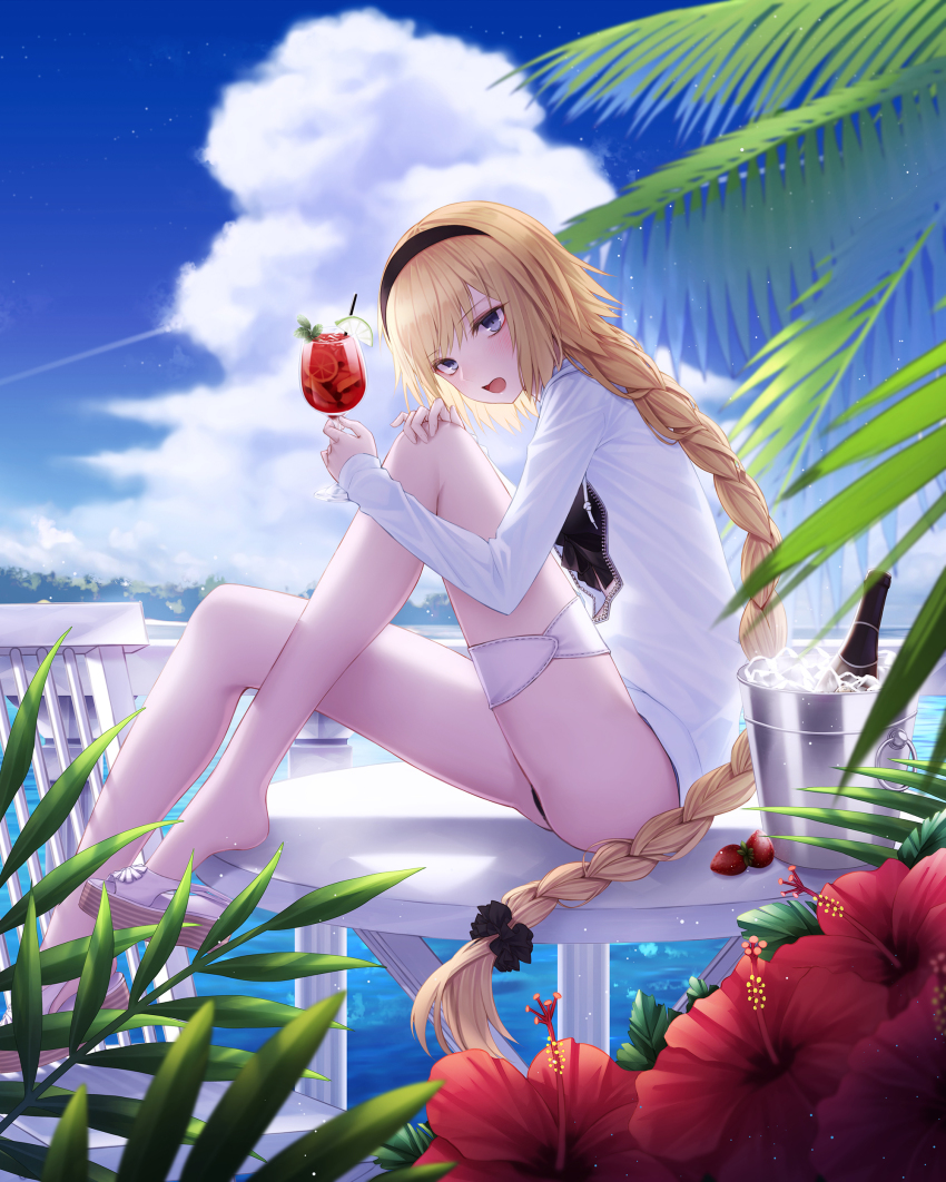 1girl, absurdres, bikini, bikini_under_clothes, black_bikini, blonde_hair, blue_eyes, bottle