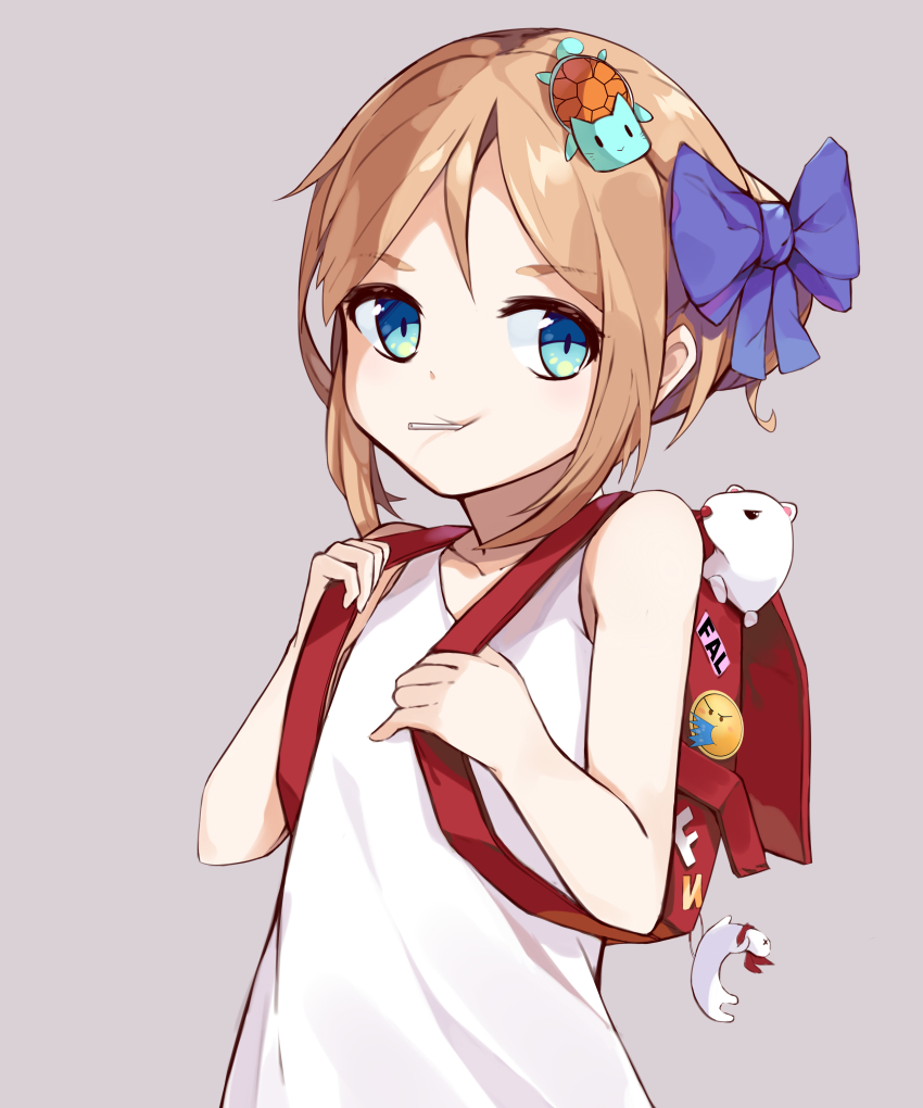 1girl, absurdres, animal, backpack, bag, bag_charm, bare_arms, bare_shoulders