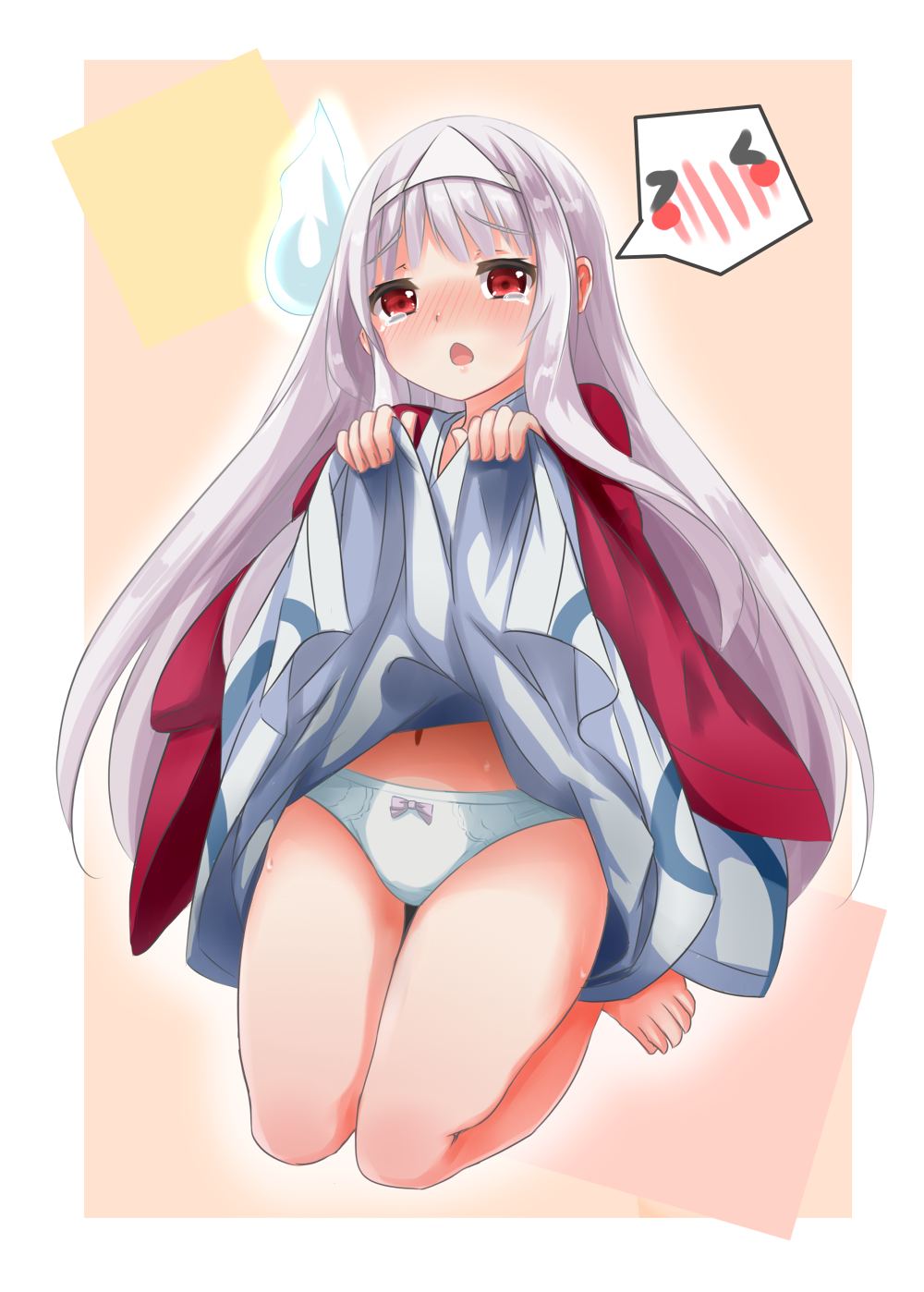 10s, 1girl, barefoot, blush, bow, bow_panties, commentary_request, embarrassed, female_focus, ghost, highres, japanese_clothes, kneeling, lifting_own_clothes, long_hair, looking_at_viewer, navel, norikoseal, open_mouth, outside_border, panties, pink_background, red_eyes, simple_background, solo, speech_bubble, spoken_blush, spoken_expression, tears, triangular_headpiece, underwear, white_hair, white_panties, yunohana_yuuna, yuragisou_no_yuuna-san