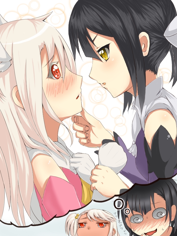 2girls, @_@, bare_shoulders, black_hair, blush, chloe_von_einzbern, commentary_request, dark-skinned_female