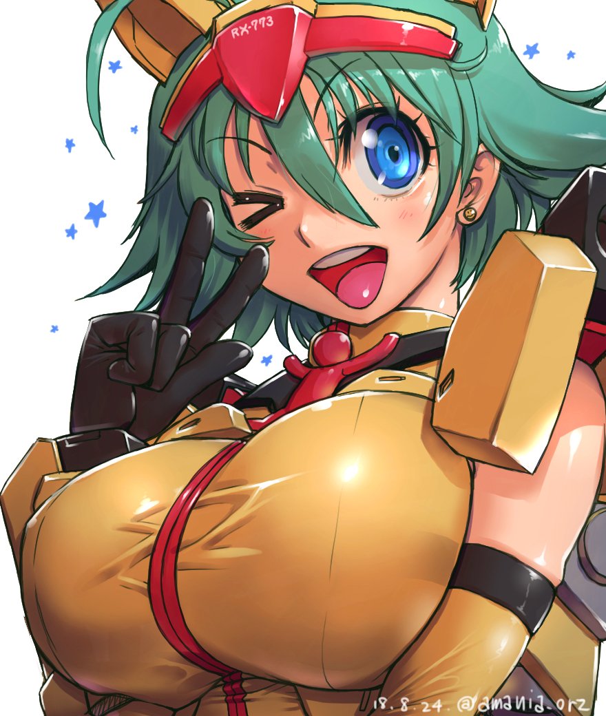 >_o, 10s, 1girl, ;d, ahoge, amania_orz, aqua_hair, armor, black_gloves, blue_eyes, dated, detached_sleeves, earrings, female_focus, gloves, gundam, gundam_build_divers, hair_between_eyes, headpiece, impossible_clothes, jewelry, nami_(gundam_build_divers), nanase_nanami_(gundam_build_divers), one_eye_closed, open_mouth, shiny_clothes, short_hair, skindentation, smile, solo, star_(symbol), twitter_username, upper_body, v, white_background