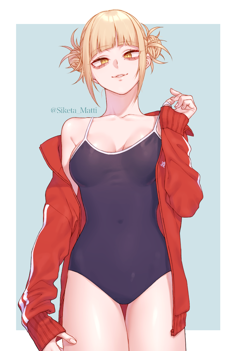 10s, 1girl, bad_id, bad_pixiv_id, bags_under_eyes, blonde_hair, blue_one-piece_swimsuit, blunt_bangs, boku_no_hero_academia, breasts, cleavage, competition_school_swimsuit, covered_navel, cowboy_shot, double_bun, female_focus, hair_bun, highres, looking_at_viewer, medium_breasts, messy_hair, mizuki_mau, off_shoulder, one-piece_swimsuit, parted_lips, school_swimsuit, short_hair, single_bare_shoulder, solo, standing, swimsuit, thighs, toga_himiko, yellow_eyes