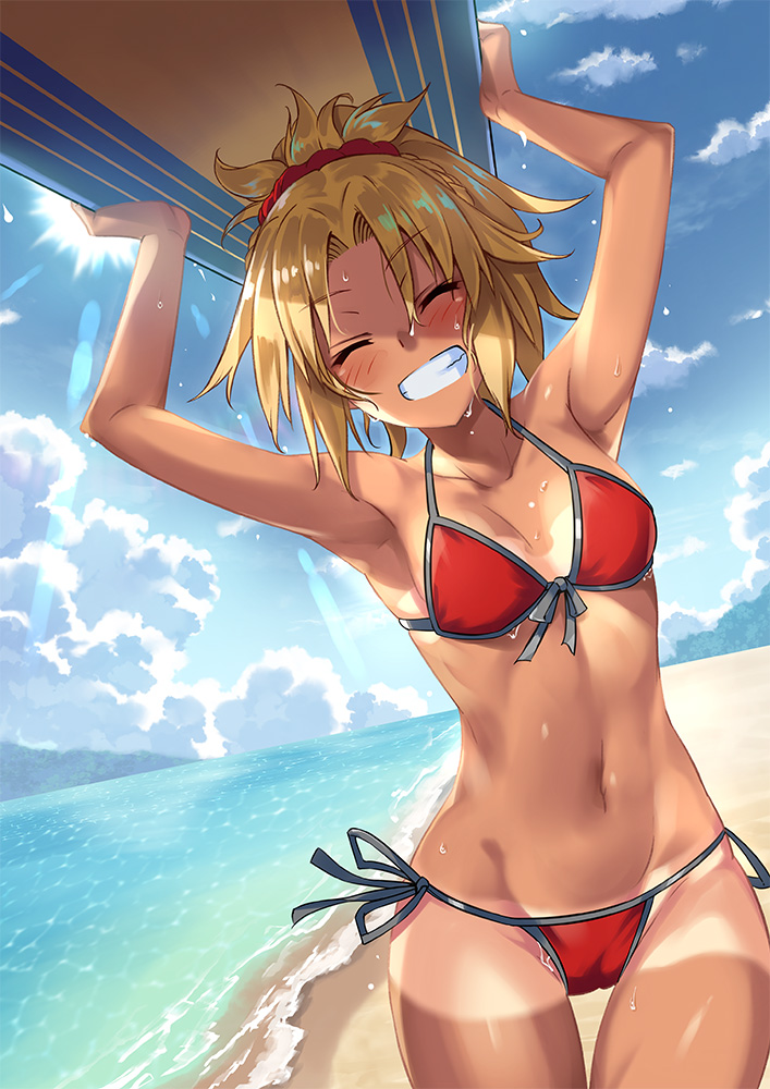 1girl, armpits, beach, bikini, blonde_hair, blush, closed_eyes, cloud