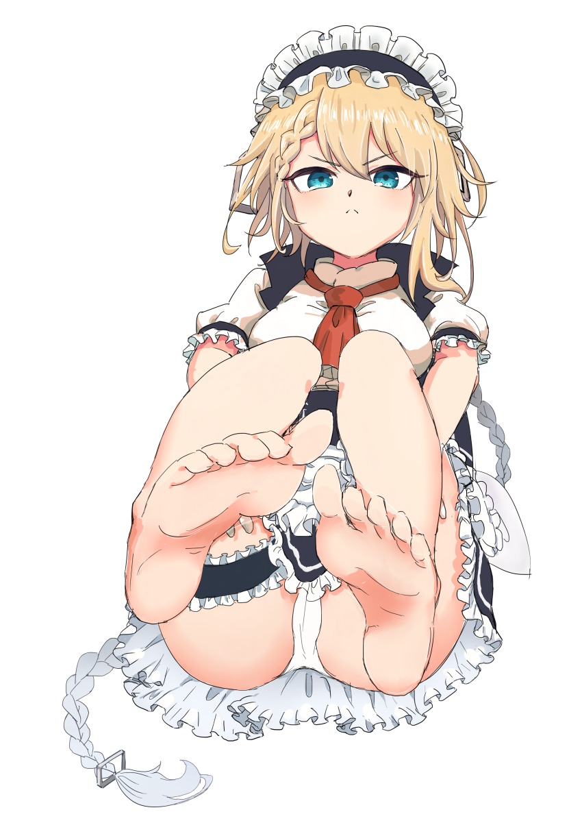 1girl, absurdres, barefoot, blonde_hair, blue_eyes, dodo_(purofu_hitsudoku), feet, foot_focus