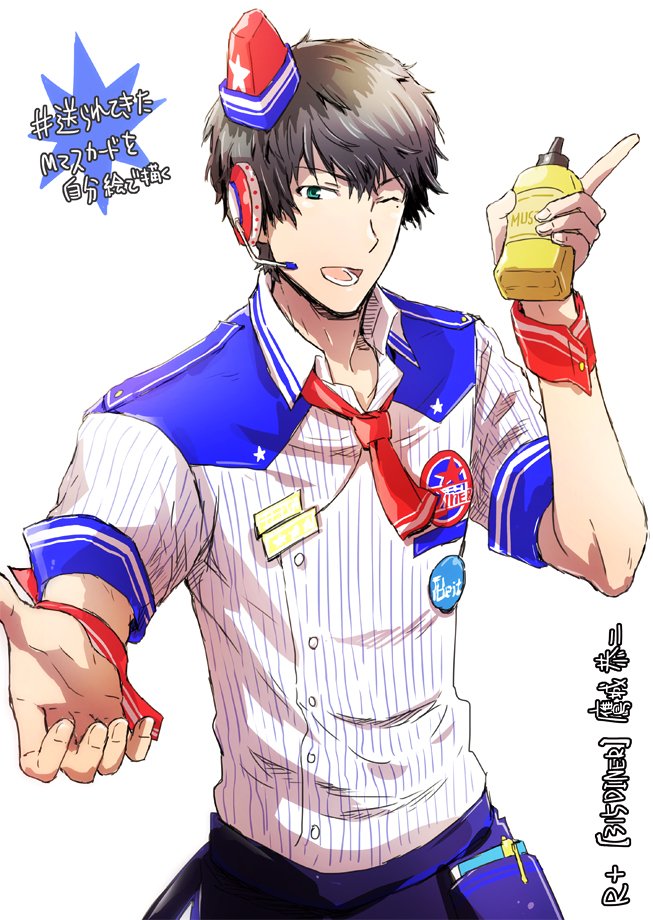 10s, 1boy, 315diner, ;d, apron, badge, black_hair, button_badge