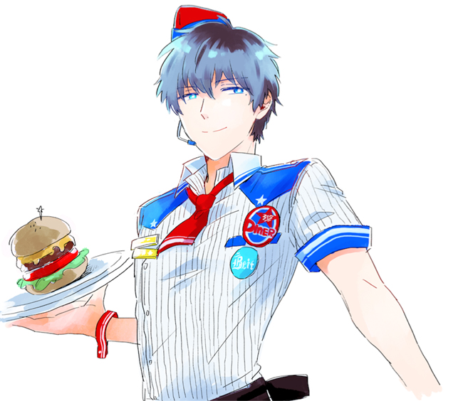 10s, 1boy, 315diner, bad_id, bad_pixiv_id, badge, burger, button_badge